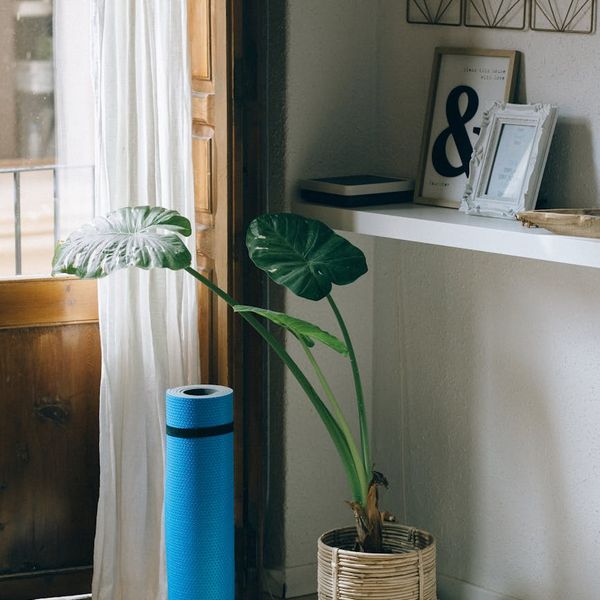 Cozy corner of a room with a yoga mat, a plant, and soft natural light.
